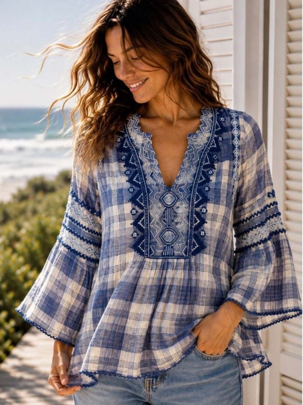 Johnny Was Workshop Embroidered Plaid Peasant Blouse Size M Blue White